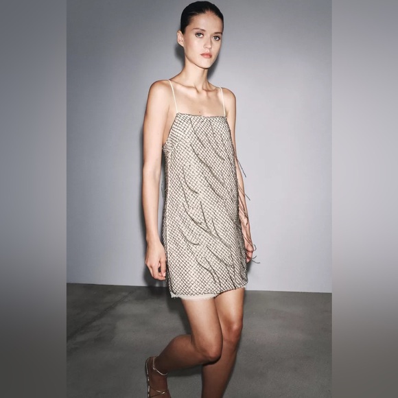 NWT Zara Woman Bloggers Fav ZW Collection Beaded Mini Short Dress Size S Small